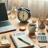 A calm and organized blog photo representing life organization in 15 minutes a day. The image shows a neatly arranged workspace with a notebook, pen,